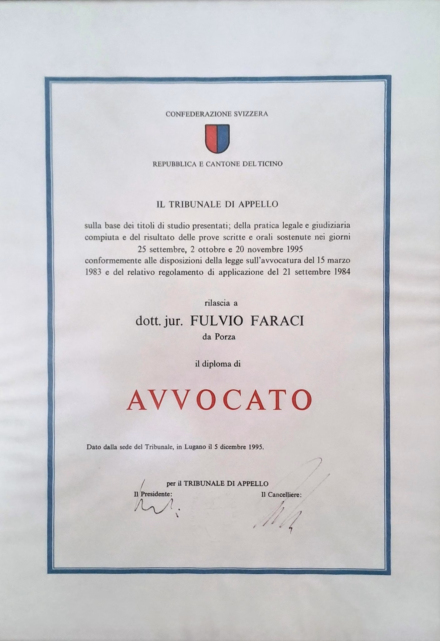 Brevetto Avvocato Fulvio Faraci